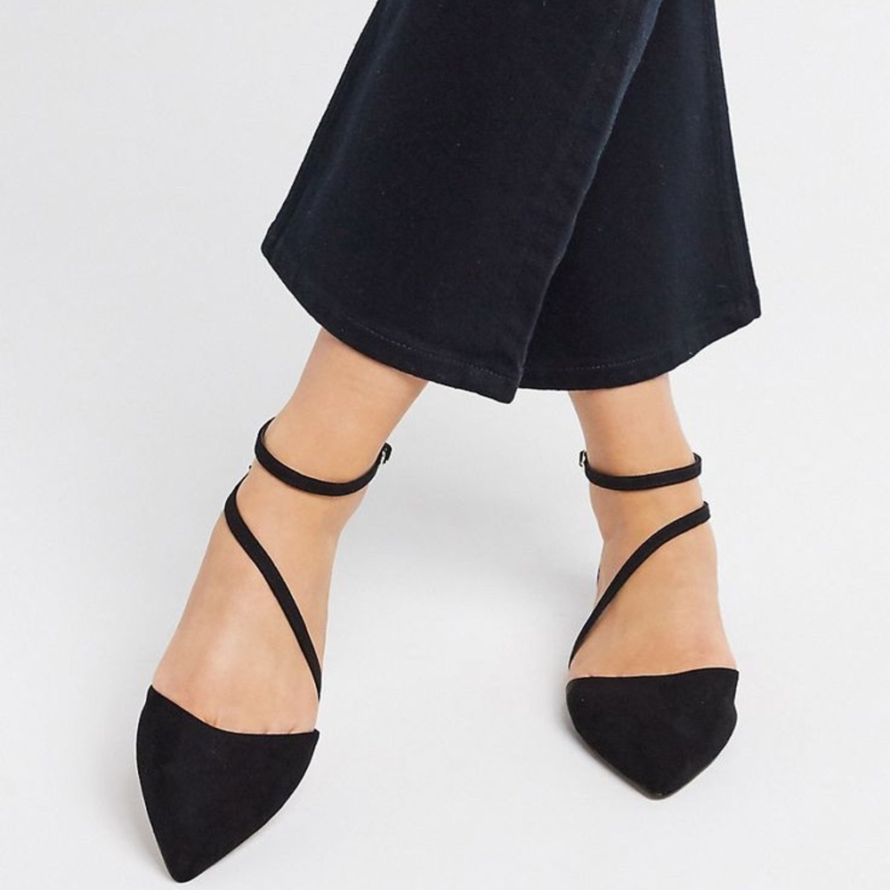 ASOS Black Suede Strappy Pointed Flats Pumps